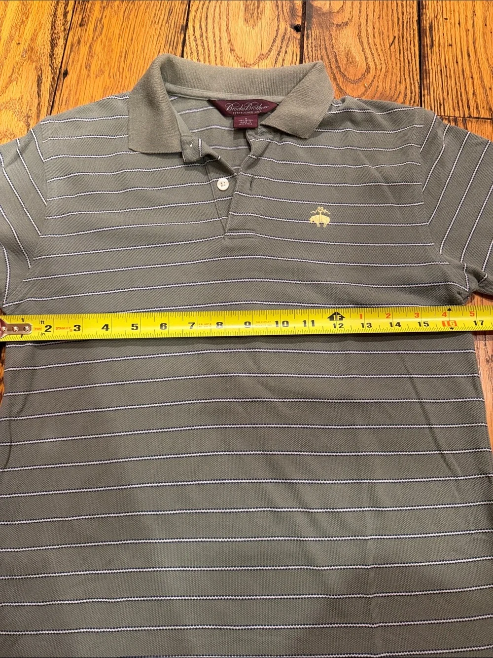 Brooks Brothers Olive Green Striped Polo with Yellow Logo Boys Size Medium